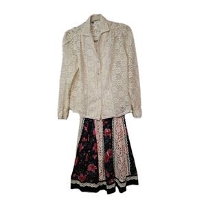 Vintage 1970s Patchwork Cotton & Lace Skirt Blouse Set Carefree Fashions Sm